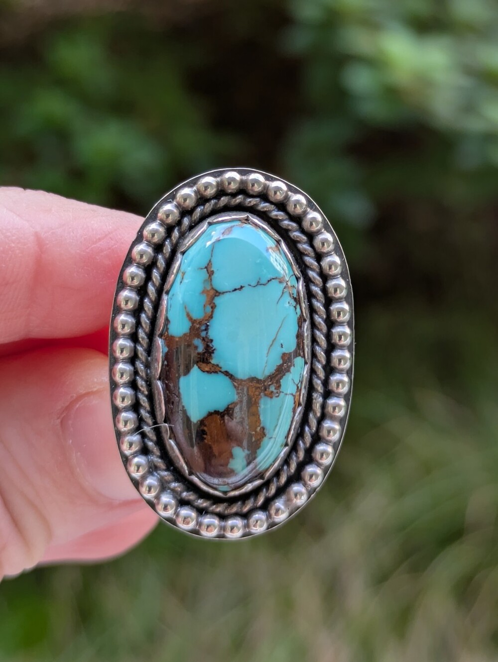 Royston Turquoise Stone Silver Oval Ring - Blue, Size 6
